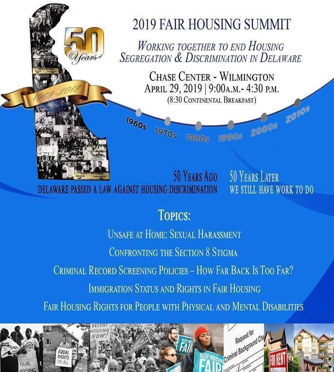 2019 Fair Housing Summit poster celebrating 50 Years when DE passed a law against housing discrimination